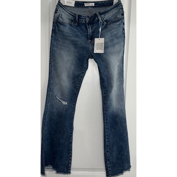 NWT Bayeas Women Mid-Rise, Raw Hem, FLARE Distress Blue Jeans Size 30 Length 31” - Picture 1 of 16